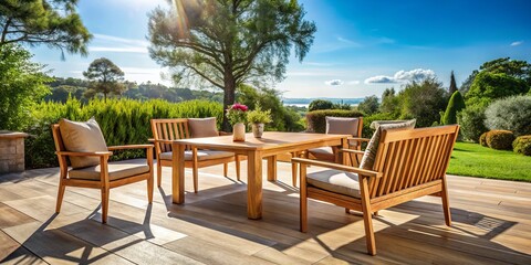 Obraz premium Transform your patio or garden with this elegant luxury wood furniture set, designed for stylish outdoor gatherings and