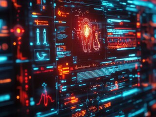 Obraz premium Medical technology with glowing digital tools and holographic health data displays Futuristic Hologram High Detail