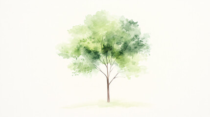 Obraz premium A beautiful watercolor-style drawing of a green tree, featuring soft, flowing brushstrokes and pastel tones. The tree stands tall in the center with gently swaying branches, each leaf painted in a