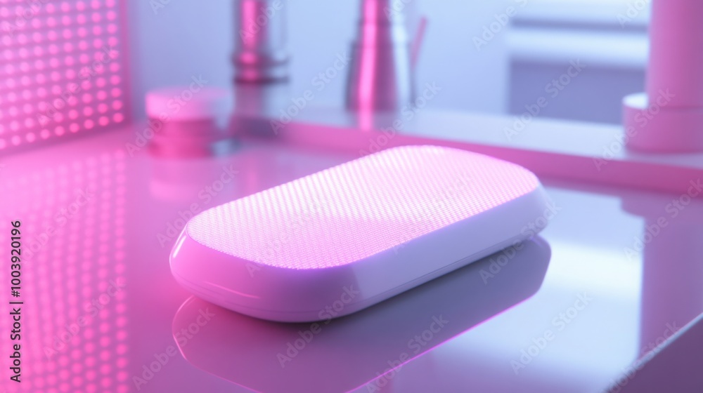 Aufkleber a sleek, modern device rests on a shiny countertop illuminated by vibrant pink lights. the contempor