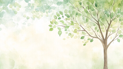 This watercolor illustration features a vibrant green tree, with soft and fluid brushstrokes in a pastel color palette. The leaves and branches are painted with a light, airy feel, creating a
