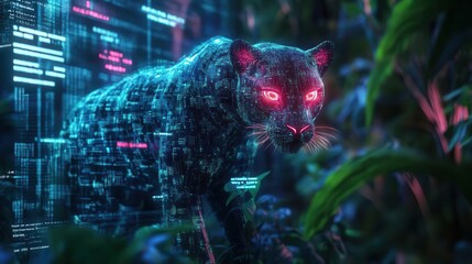 Nature wildlife sanctuary with glowing holographic animal data and neon-lit surroundings  Futuristic  Neon  Eco-Friendly