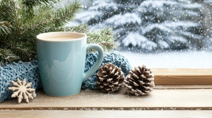 A white cup of hot coffee rests on the windowsill, accompanied by a vibrant scarf, while a peaceful snowy landscape creates a cozy winter atmosphere