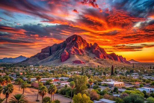 Low angle late evening sun glowing red on Camelback Mountain in Phoenix Scottsdale Arizona USA
