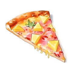 Vibrant Watercolor Hawaiian Pizza Slice with Pineapple and Ham on White