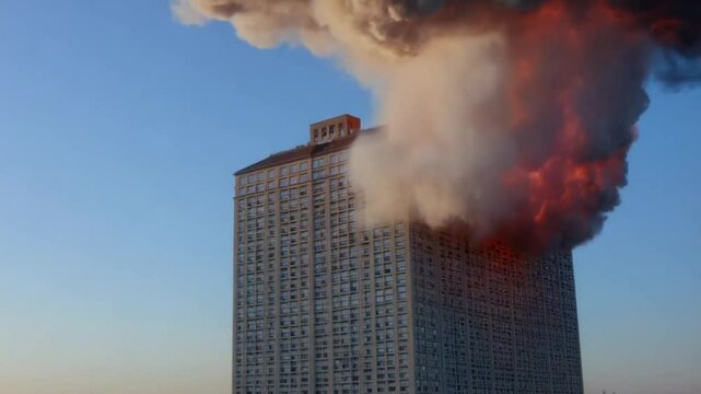 A high-rise building was hit by a missile attack, causing large fires and smoke