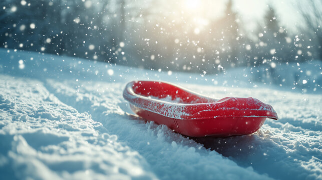 A vibrant red sled sits on a blanket of untouched snow as gentle flakes fall from the sky, illuminated by the soft sunlight of a winter afternoon.
