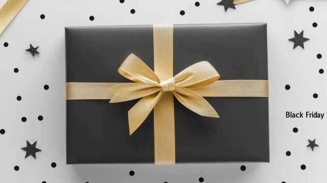 A chic black gift box adorned with a bow sits on a white background, signifying Black Friday sales, complemented by decorative feathers and playful polka dots