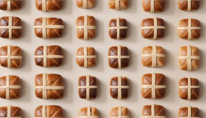 Fototapeta premium Patterned hot cross buns, arranged neatly, delicious and festive, on a light background, copy space, hot cross buns, illustration for easter holiday