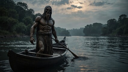 A powerful statue of Charon, the ferryman of the underworld, standing by his boat as souls wait to be ferried across the river Styx.