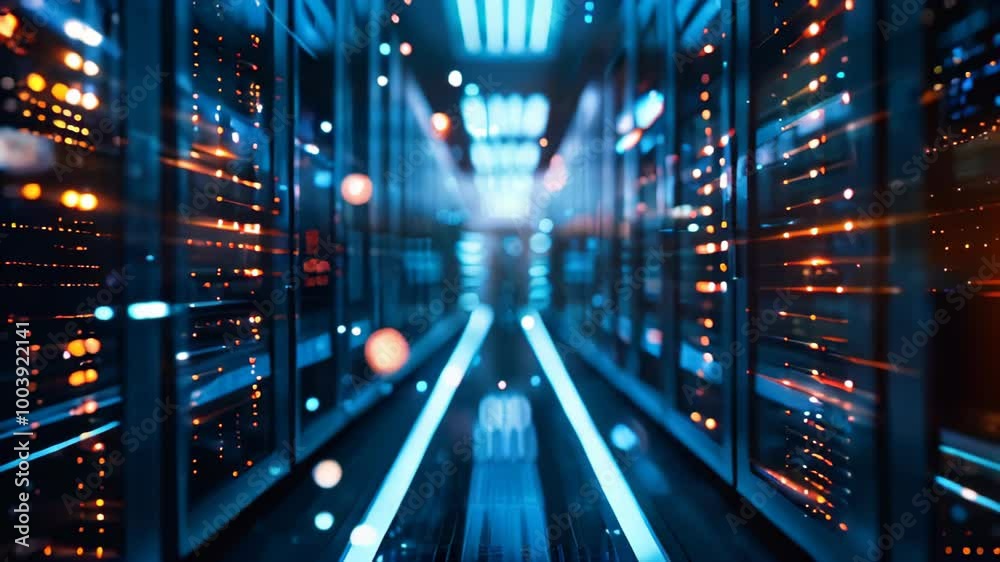Poster data center with a row of computer servers. abstract generic concept of cyberspace, communication an