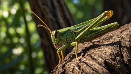 Green grasshopper on tree trunk, with blurred green foliage background
