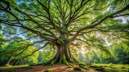 Fototapeta premium Low angle view of a massive tree against a forest landscape