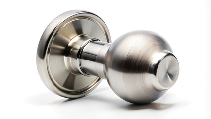 Low angle view of a modern silver door knob on white background