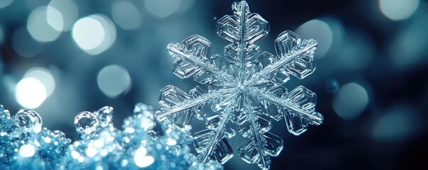 A stunning close-up of a snowflake, showcasing intricate designs and sparkling details against a soft blue background.