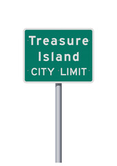 Vector illustration of the city of Treasure Island (Florida) green road sign on metallic post