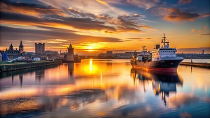 Fototapeta premium Low angle view of Aberdeen harbour and ship at sunrise