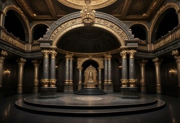 A grand, ornate stage with a large circular arch in the center