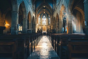 Fototapeta premium Sunlit Church Interior with Vaulted Ceiling, Gothic Architecture, and Peaceful Worshipful Atmosphere