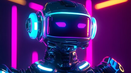 Robot or Artificial Human made of iridescent plastic material in neon lights. 3d rendering illustration in sci-fi futuristic style. 