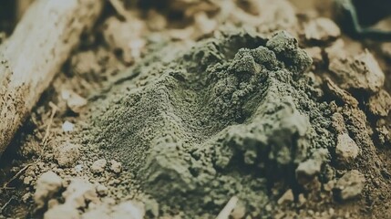 A close-up of a mound of greenish powder on soil, possibly indicating a natural substance.