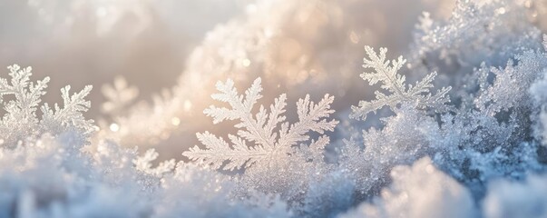 Close-up of delicate snowflakes resting on soft snow, highlighting intricate crystal patterns and gentle winter light.