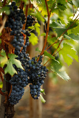 Blue ripe wine grapes hang from a vine with autumn leaves.