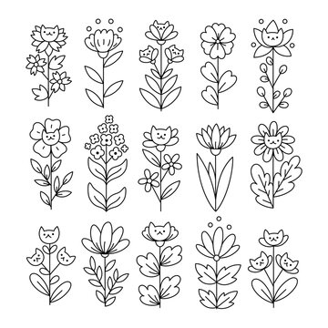 Fototapeta Set of field and garden flowers with cute cats. Fantasy plants hand drawn in doodle style for coloring book or floral decoration. Collection of botanical simple plant vector illustration