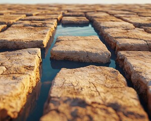 Close-up view of cracked earth with shallow water, showcasing natural textures and patterns in a dry landscape.