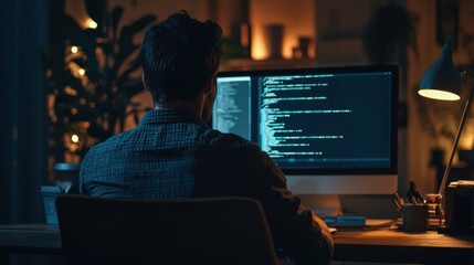 Computer Programmer Working on Software Development Project in Home Office