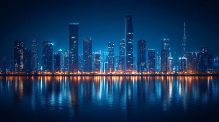 Fototapeta premium A city skyline is reflected in the water