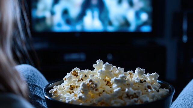 Person enjoying popcorn while watching a movie on television.