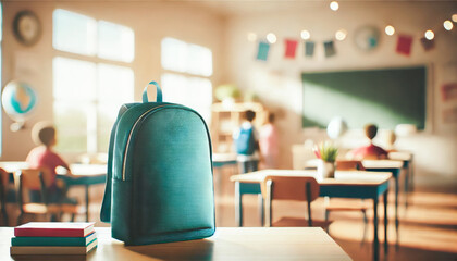 Backpack on desk in sunlit classroom with students learning in background.