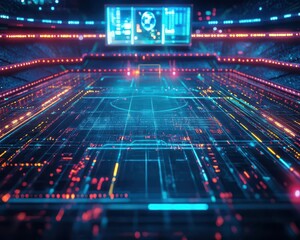 Fototapeta premium Soccer game action in a futuristic stadium with glowing neon scoreboards Futuristic Neon High Detail