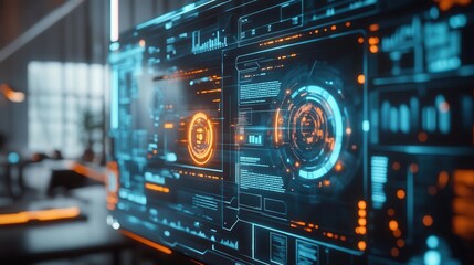 Obraz premium Software updates running on a holographic dashboard in a futuristic office Futuristic Hologram Minimalist