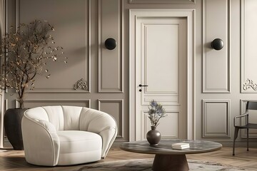 Interior of dark living room with coffee table, door and comfortable armchair