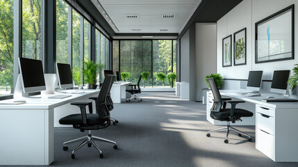 A large office with a lot of desks and chairs. There are several potted plants in the room