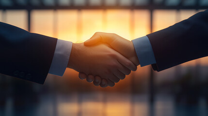 business handshake symbolizes partnership and collaboration, set against stunning sunset backdrop. This image captures essence of trust and agreement in professional environment.