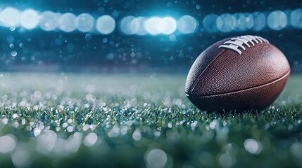 Close-up of a football on a grassy field with blurred lights in the background.