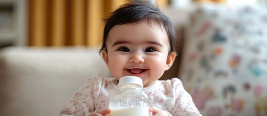 A happy baby girl smiles while holding a bottle of milk.