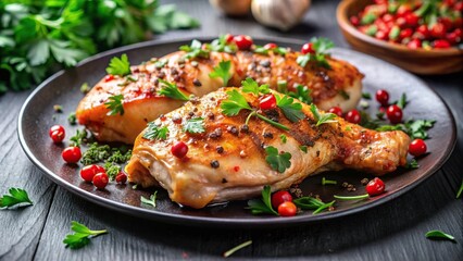 Low angle view of Pollo alla Diavola with parsley and red pepper flakes garnish