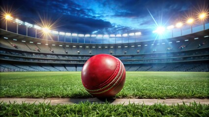 Low angle view of red cricket ball in stadium with lights wallpaper for cricket worldcup