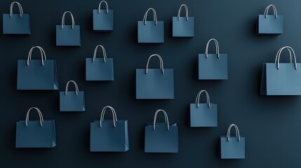 Various black paper shopping bags with minimalist patterns are neatly arranged on a dark surface, showcasing a modern and high-quality aesthetic