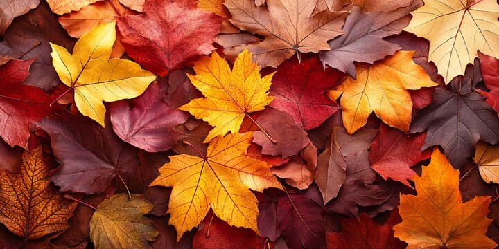 Autumn background with autumn leaves texture. Top view of fall leaves pattern. Autumn background with close-up maple and oak fallen brown, red, yellow, and orange falling foliage.