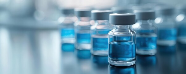 Close-up of blue vial with transparent liquid in focus, surrounded by blurred vials on a reflective surface.
