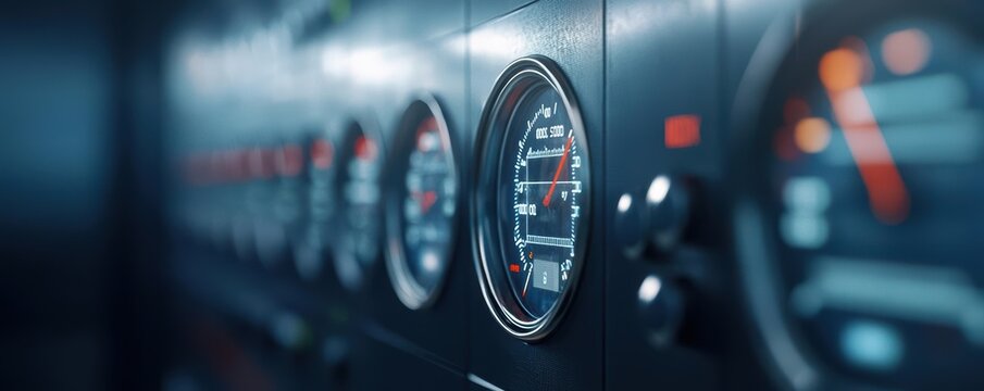 Close-up of industrial gauges showing measurements against a dark background.