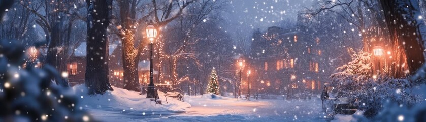 A cozy winter scene with falling snow, illuminated streets, and a charming holiday tree, capturing the magic of a snowy evening.