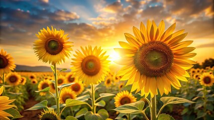 Obraz premium Low angle view of sunflowers under golden sunlight