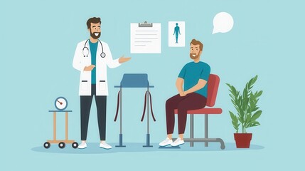 Doctor explaining steps of rehabilitation to patient in gymlike setting, clear instructions, doctor and patient, treatment, physical therapy