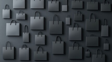 Various black paper shopping bags with minimalist patterns are neatly arranged on a dark surface, showcasing a modern and high-quality aesthetic